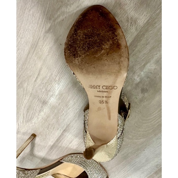 Jimmy Choo Womens 35.5 Gold Coarse Glitter Peep Toe Ankle Strap Heels - Picture 15 of 15